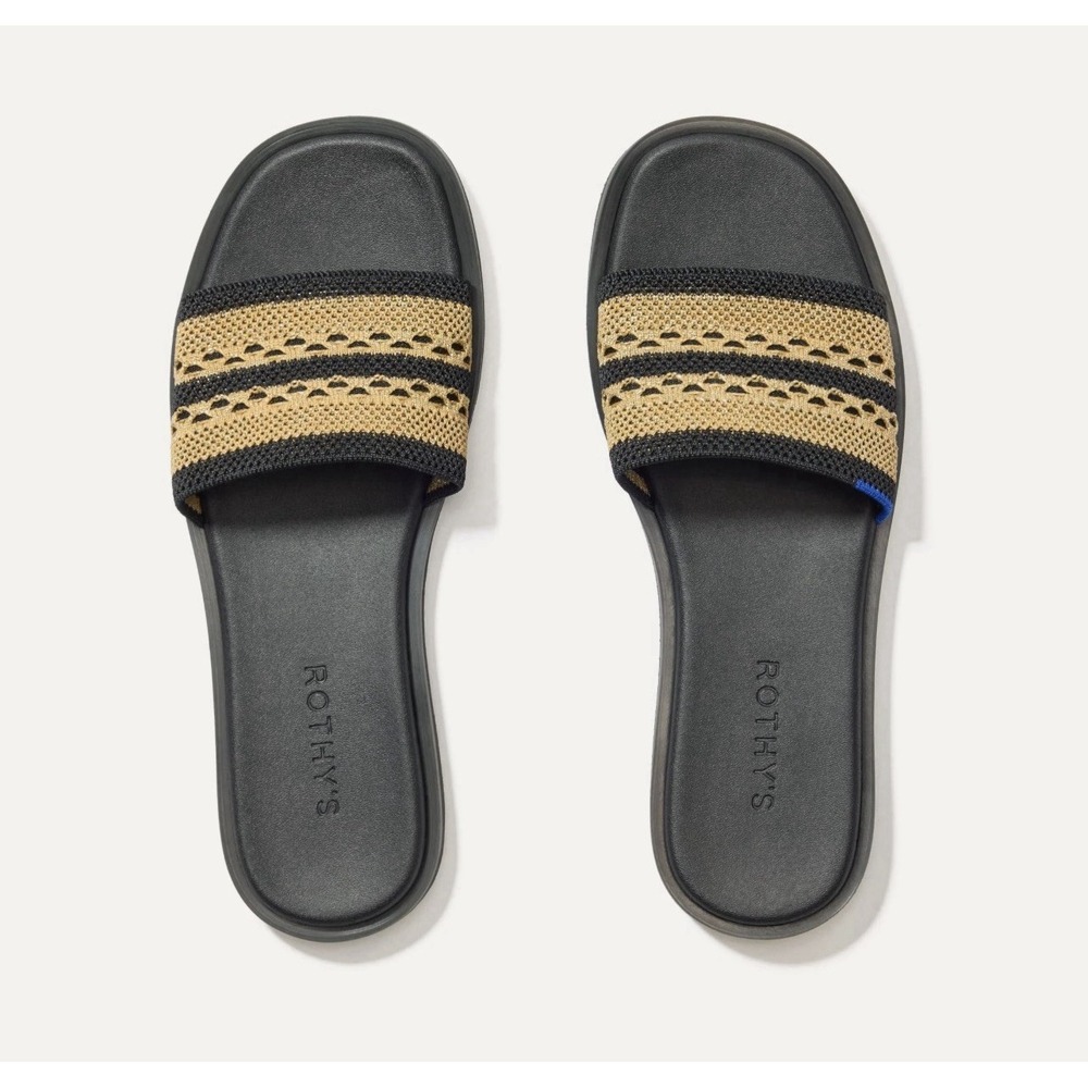 Rothy's The Slide Sandal in Black Gilded Crochet Sz 8 Minimalist Resort Beach